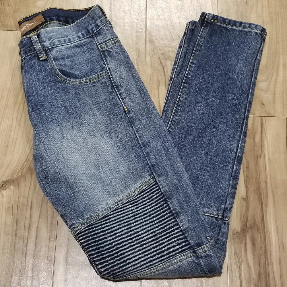 Crysp Denim Men Moto Biker Jeans Size 30 Blue Cotton Ribbed Pleated Panel Slim
